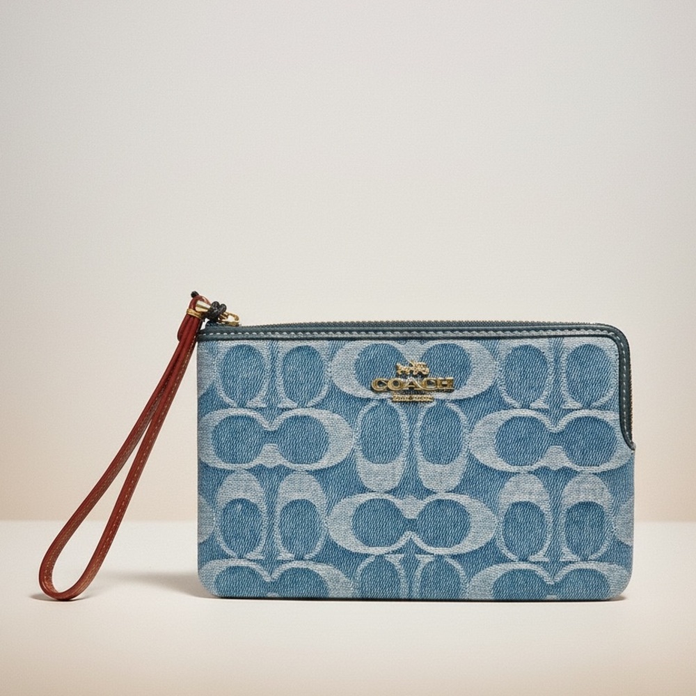 Coach Corner Zip Wristlet in Signature Denim NWT and original packaging